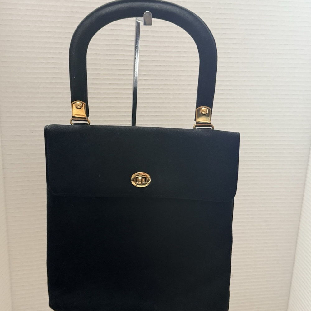 Vintage Lennox Bags Faux Suede Black Handbag Purse Bag Hinged Handle Bootery - Picture 2 of 6